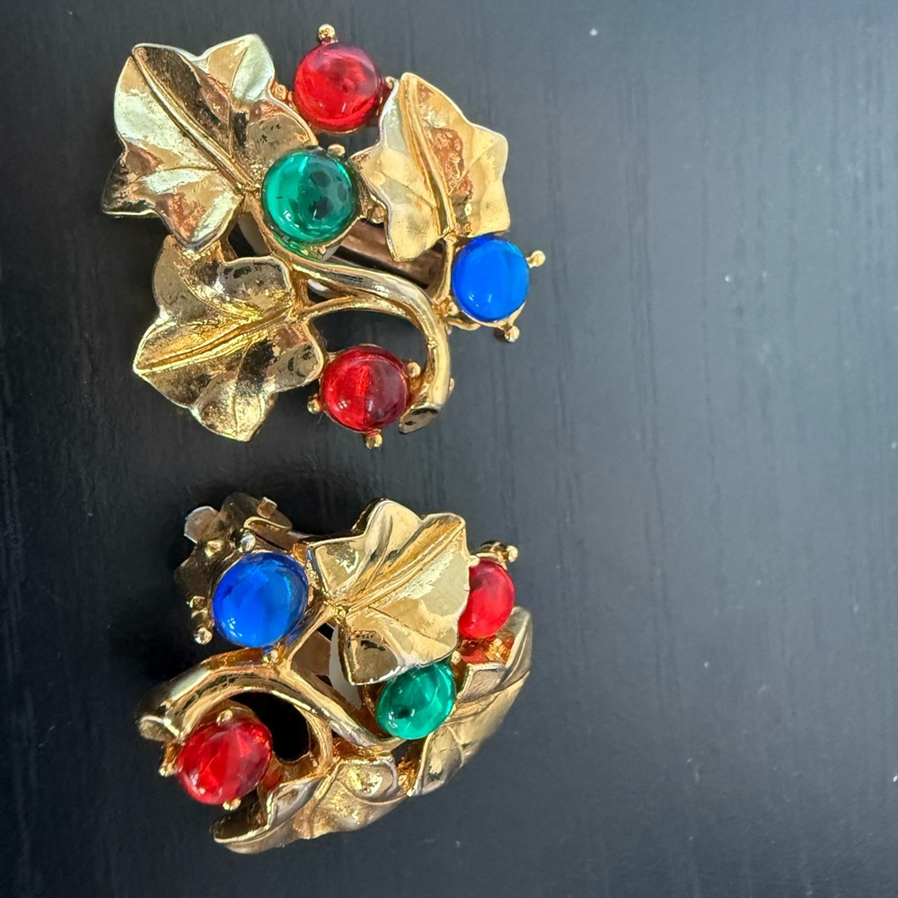 Vintage Gold Leaf Clip-On Earrings with Red, Green, and Blue Accents